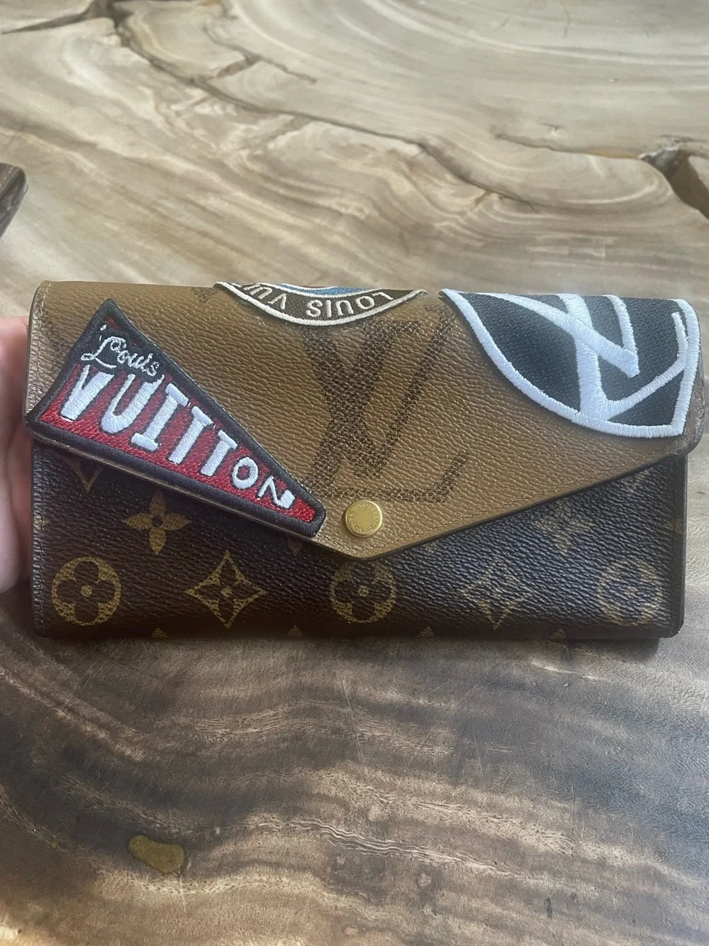 Louis Vuitton reverse monogram Sarah wallet custom patch repair